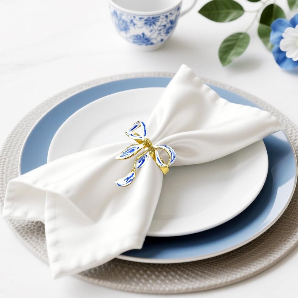 Blue and White Enamel on Metal Bow Napkin Rings Set of 6